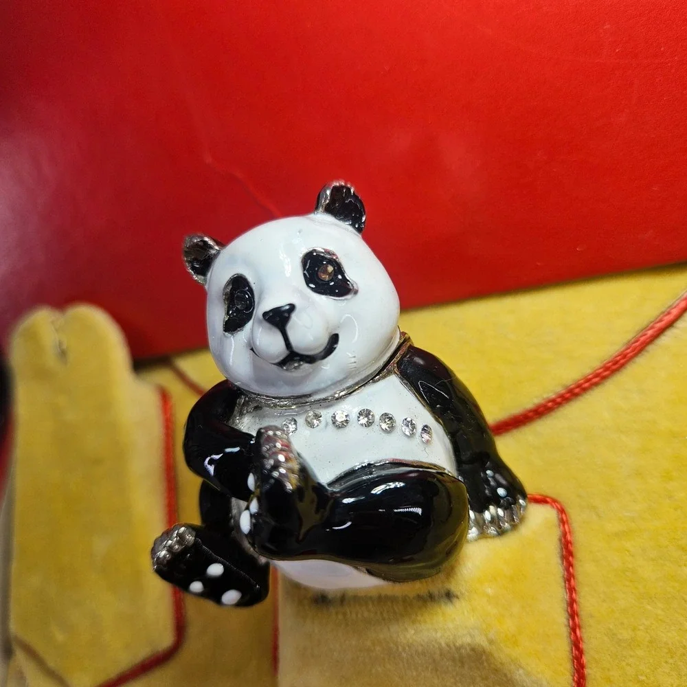 Panda Bear Hinged Trinket Box Enamel Rhinestone‎ Crystal Bejeweled Black White